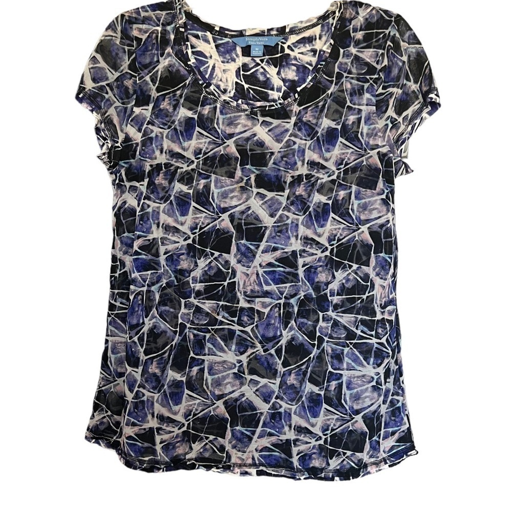 Simply Vera Purple Pink Black Lined Top Size Medium Short Sleeve Stretch